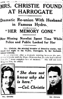 «Prensa de la época (1926) dando la noticia sobre la localización de Agatha Christie tras su desaparición en Harrogate.»